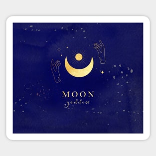 Golden Moon Goddess on Dark Blue Galactic Background Sticker